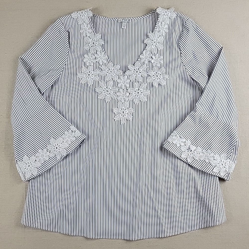 Spense Women's Striped Lace Blouse Top Long Sleeve Stretch Size L - Picture 1 of 10